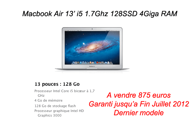 Shareannonce - Vends Macbook Air 13 (dernier) i5 1.7 128G 4G RAM...
