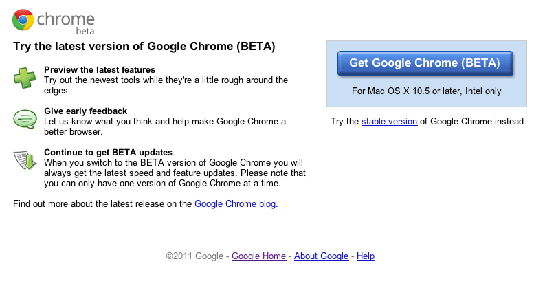 Google Chrome 15.0.874.58 beta mac os x lion