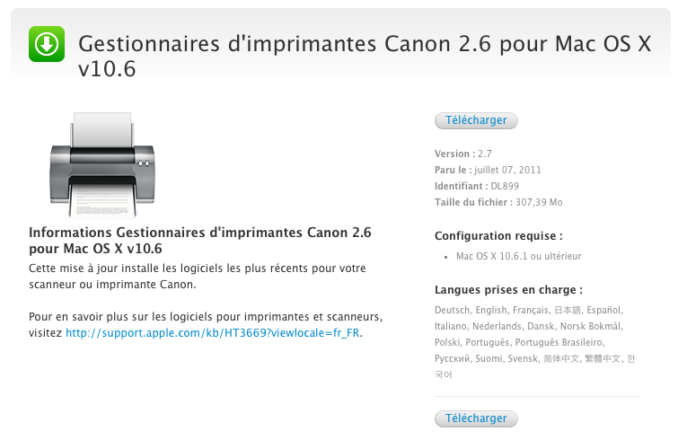 Gestionnaires d'imprimantes Canon 2.6 Mac OS v10.6