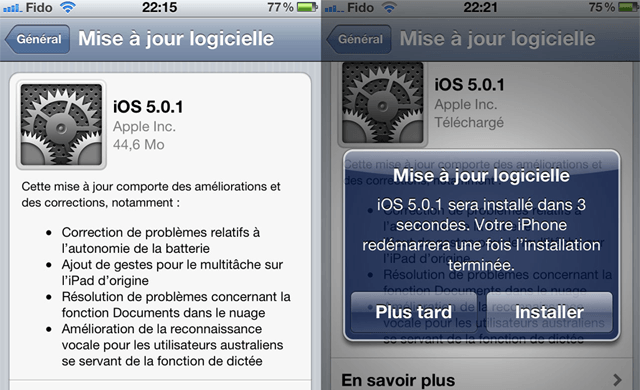 1ere Mise à jour sans iTunes iOS 5.0.1 OTA
