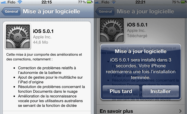 1ere Mise  jour sans iTunes iOS 5.0.1 OTA