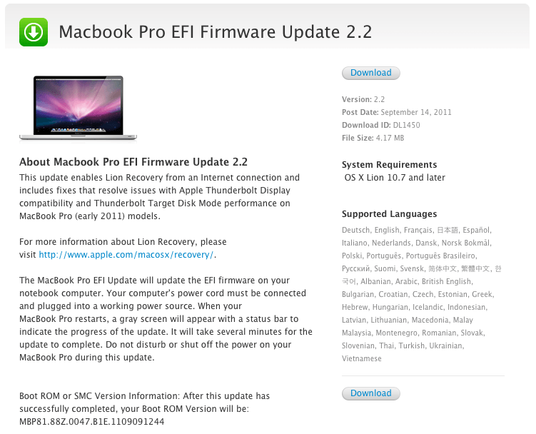 Macbook Pro EFI Firmware Update 2.2